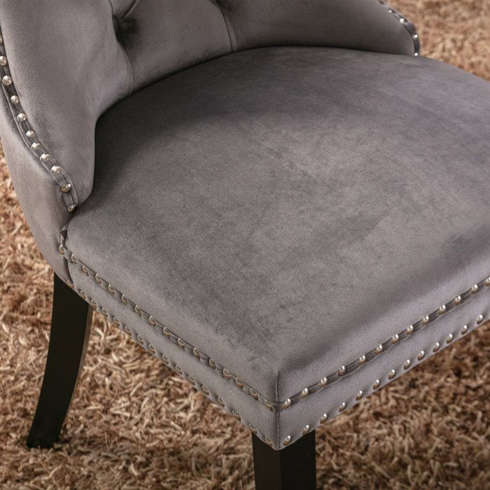 Chaise de Salle à Manger Contemporaine , Lot de 2 Chaises en Velours Rembourré avec Pieds en Bois et Garniture Cloutée,Gris