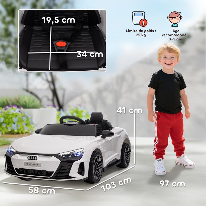 Coche eléctrico - HOMCOM - Audi RS E-tron GT de 12 V con licencia oficial para niños, mando a distancia con sonidos - PP - blanco