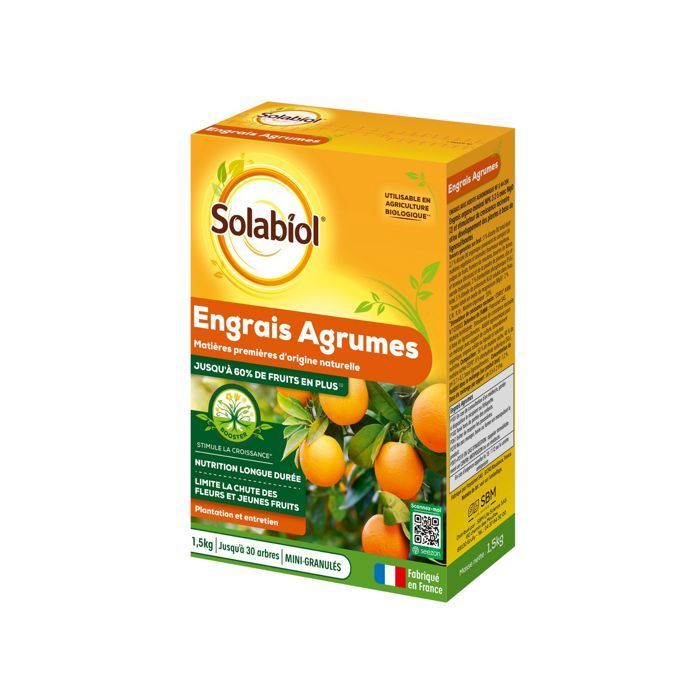 SOLABIOL Engrais agrumes - 1,5kg - Favorise la fructification - Nutrition longue durée - Jusqu'à 60% de fruits en plus - UAB