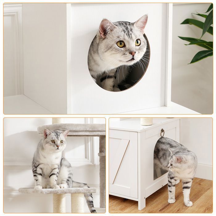 HOOBRO Cat Tree with Cat Litter Box, Cat Tower, Removable Pom-Pom Teasing Stick, White