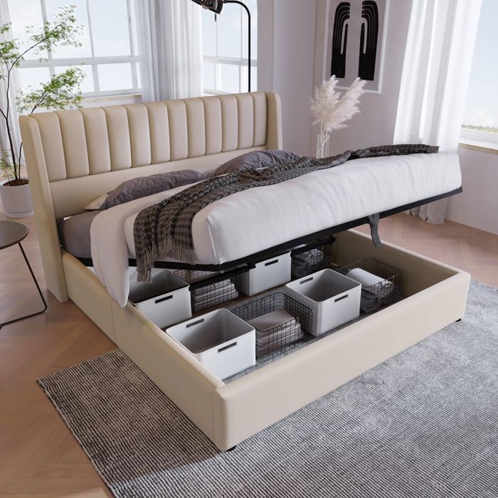 Cama doble de 160 x 200 cm. Cama con espacio de almacenamiento. Cama tapizada hidráulica con somier de láminas - SWEIKO - Lino beige.