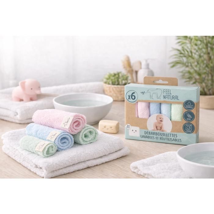 Lot de 6 Débarbouillettes Bébé Lavables et Réutilisables – Lingettes Ultra Douces Coton & Polyester – Peaux Sensibles
