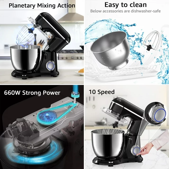 Batedeira de pedestal Samsaimo, 6,5 QT, 660 W, 10 velocidades, cabeça inclinável, batedeira elétrica de cozinha com tigela, gancho para massa, batedor e fouet para a maioria dos cozinheiros domésticos.