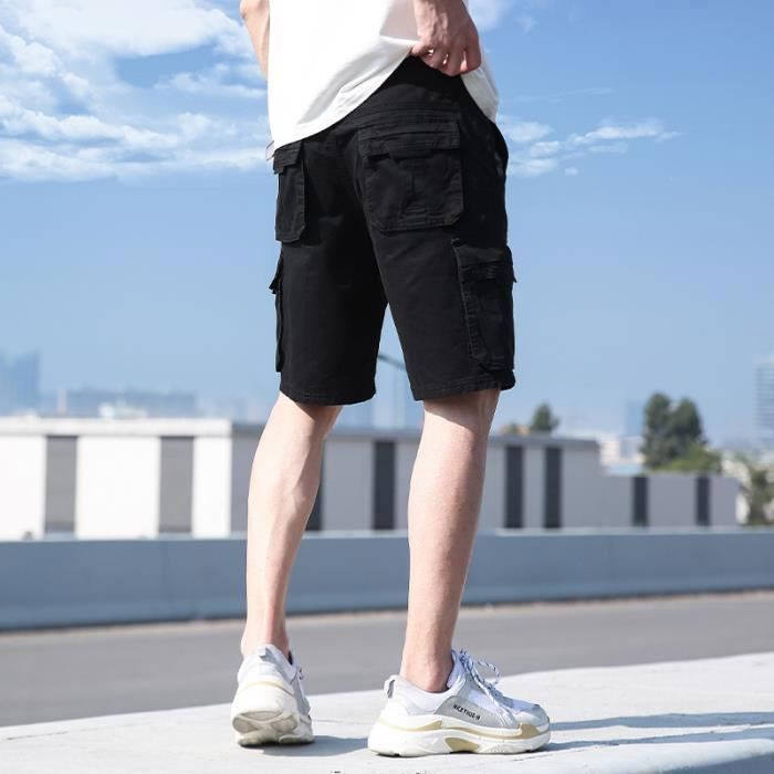 Men's Cotton Cargo Bermuda Shorts, Straight Cut, Standard Waist, Multi-Pocket, No Belt - Blue