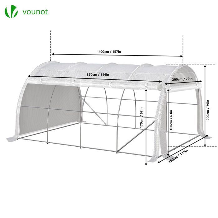 VOUNOT® Serre de jardin tunnel Toute Saison 12m² blanc - acier galvanisé - fenêtres et portes latérales zippées enroulables