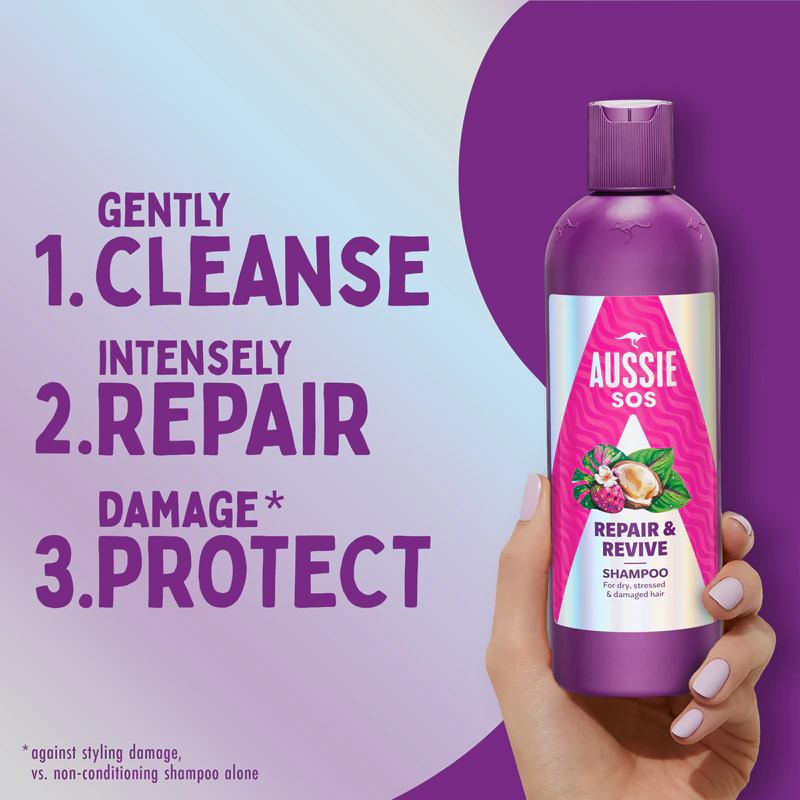 Shampoo Aussie SOS Repair & Revive: Shampoo nutritivo para cabelos e couro cabeludo cansados.