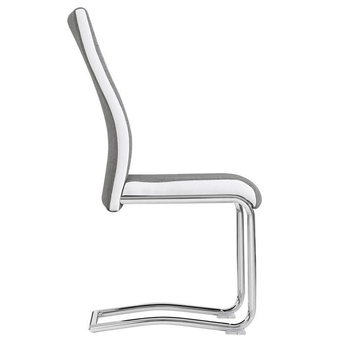 Conjunto de 4 cadeiras ALBA para sala de jantar ou cozinha, com assentos acolchoados e pés cromados, estofadas em tecido cinza e branco.