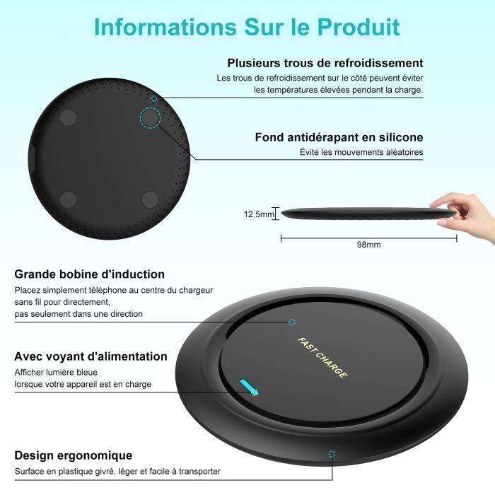Cargador inalámbrico universal de 15 W, compatible con iPhone, Huawei y Samsung, con protección contra sobrecalentamiento y carga inalámbrica Qi.