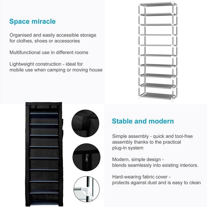 Intirilife Folding Storage Wardrobe 170x58x28 cm in Raven Black – Soft-Sided Non-Woven Fabric Wardrobe with Zipper