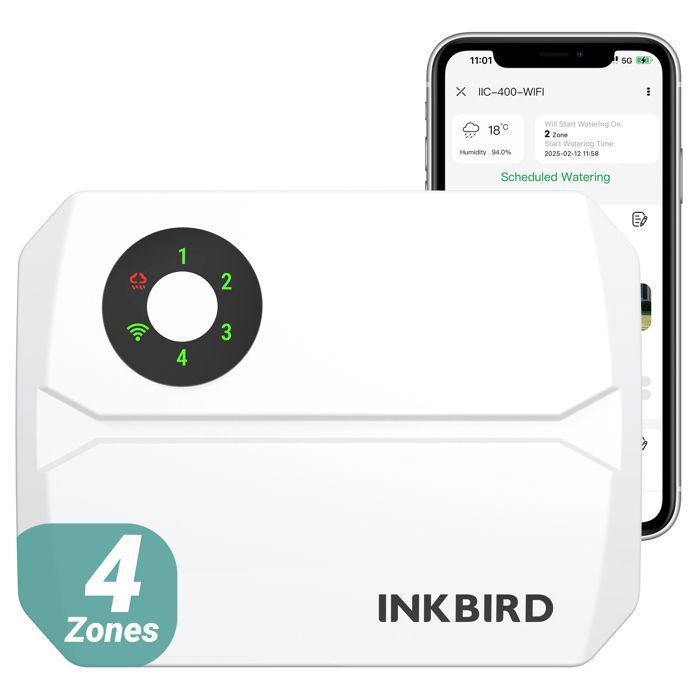 Controlador de riego WiFi de 4 vías INKBIRD IIC-400, temporizador de riego inteligente con control automático mediante aplicación.