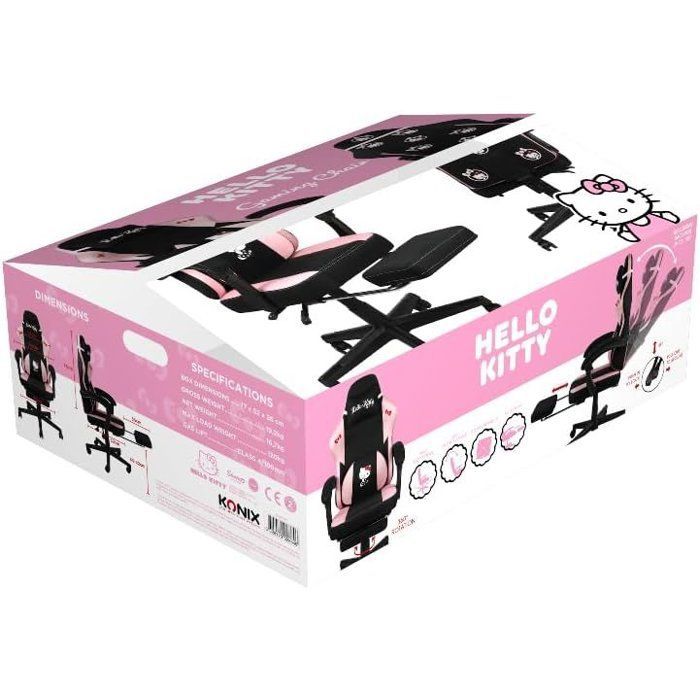 Chaise de Bureau Gaming - KONIX - Hello Kitty - Inclinaison siège 150° - Revêtement Tissu - Coussin - Repose-pieds - Noir et rose