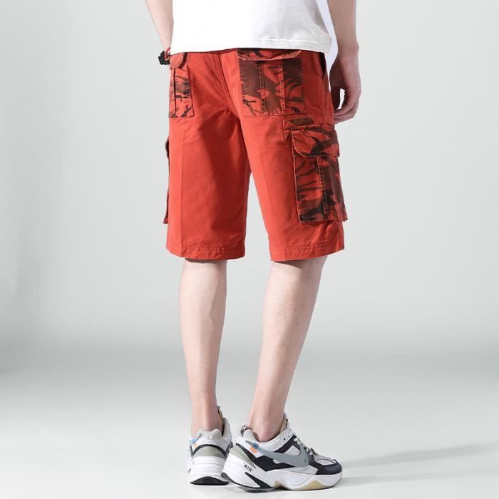 Men's Cargo Bermuda Shorts in Cotton, Straight Cut, Standard Waist, Multi-Pocket Camouflage, Belt Not Included - Orange