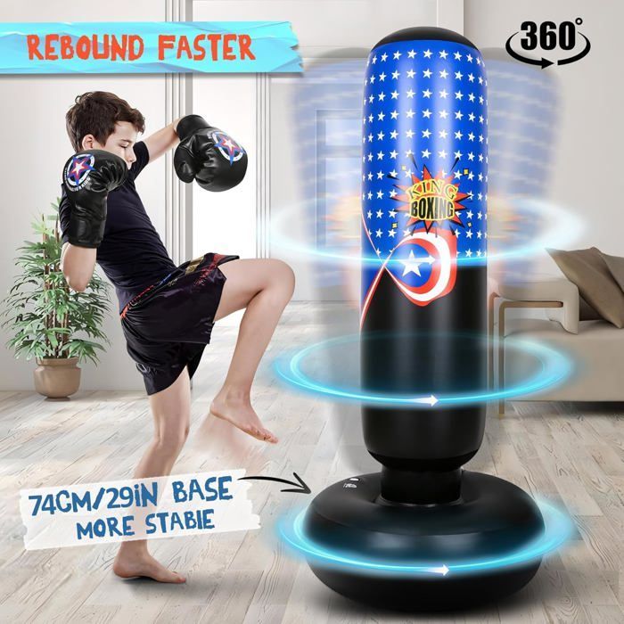 Saco de boxeo infantil, pelota de boxeo de 168 cm con guantes de boxeo y bomba para niños, saco de boxeo inflable estable para entrenamiento.