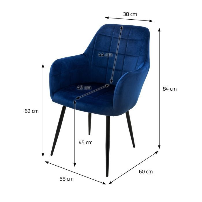 Juego de 4 sillas de comedor ML-Design - Azul oscuro - Estilo retro - Asiento tapizado con aspecto de terciopelo - Patas de metal negro