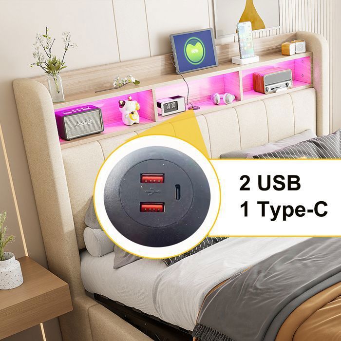 Lit coffre - Becag - Lit double rembourré 180x200cm avec USB et LED - Lit adulte avec rangement hydraulique - Lin Beige