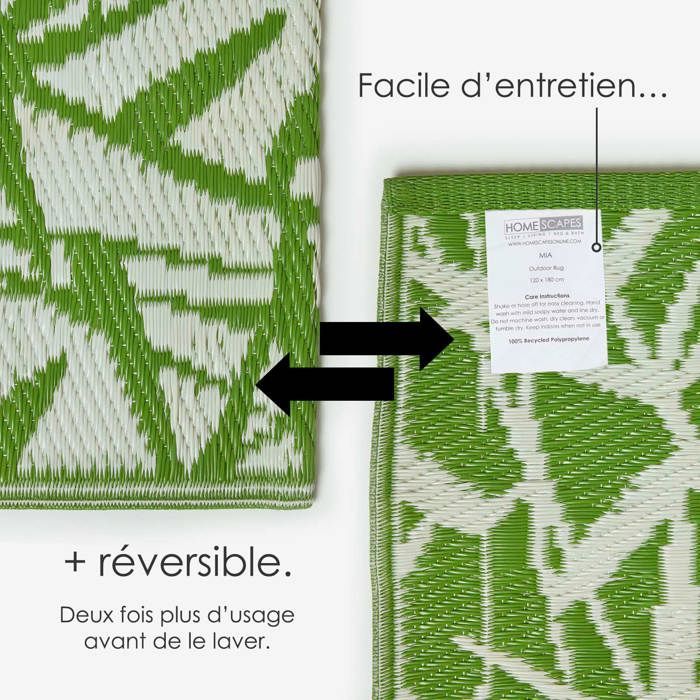 Tapis extérieur jardin imperméable, réversible et résistant UV - Zena - 180x270 cm - Vert - Matériaux recyclés - Homescapes