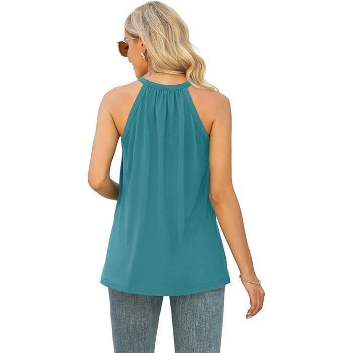 Camiseta informal de verano sin mangas con encaje y cuello redondo para mujer de INSFITY - Color liso - Azul
