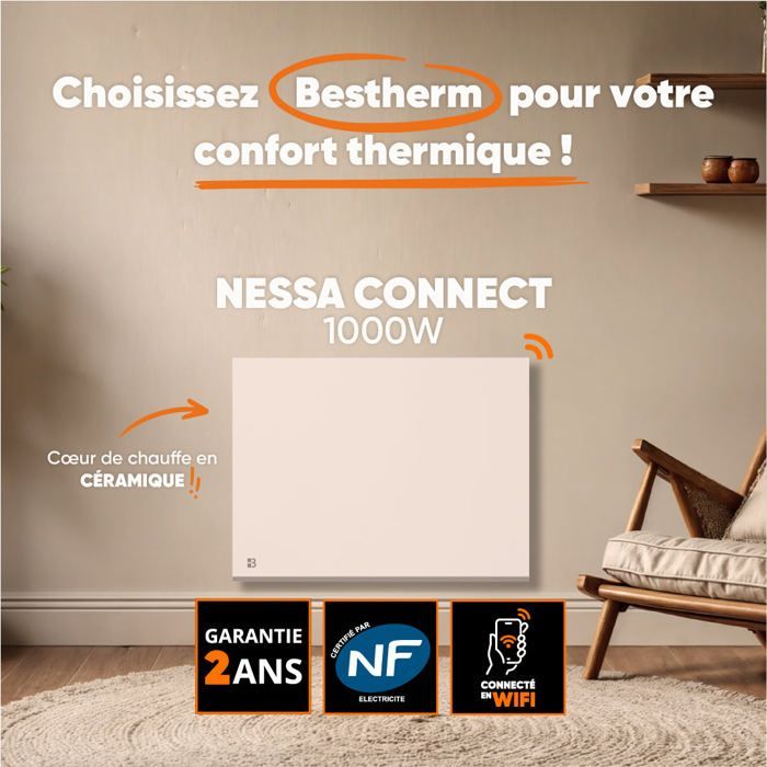 WiFi-connected fixed electric radiator with dry ceramic inertia - BESTHERM - NESSA CONNECT 1000W - horizontal white - NF
