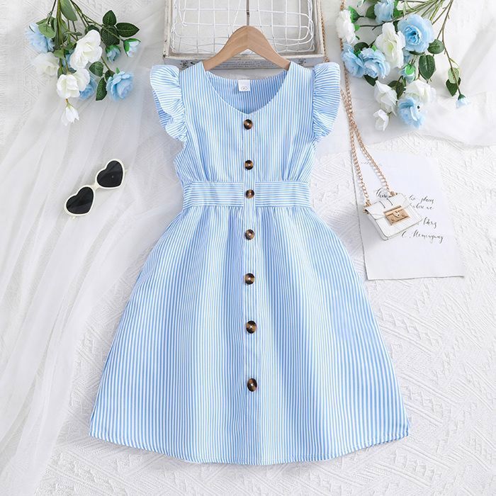 2025 nouvelle collection Robe d'été pour fillesà rayures bleu clair