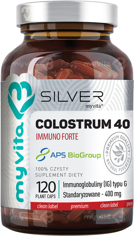 Cápsulas de suplemento alimentar MyVita Silver Colostrum 40 Immuno Forte para fortalecer o sistema imunológico.
