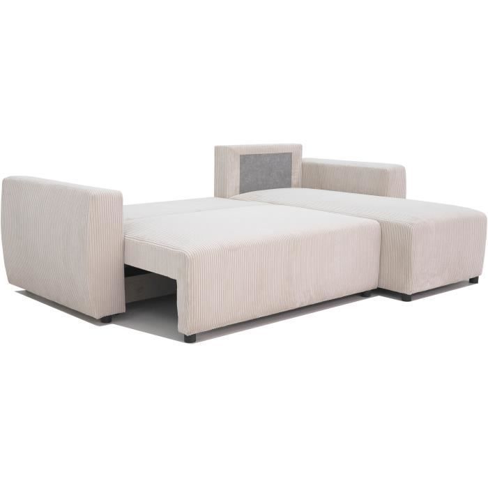 Sofá cama esquinero reversible PHARELL de 3-4 plazas - Pana beige - Compartimento de almacenamiento - Ancho 230 x Profundidad 155 x Alto 95 cm