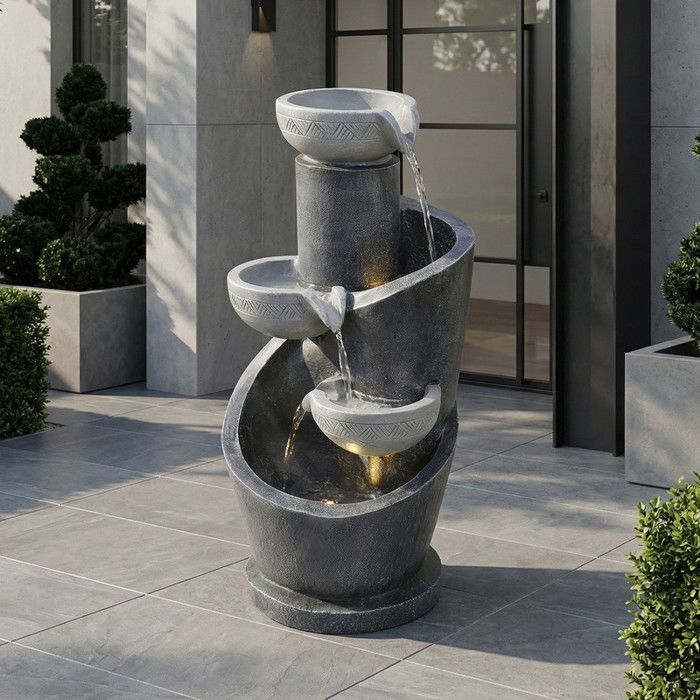 Fuente de jardín con LED - Aspecto de piedra natural - Bomba de agua integrada - Iluminación LED - Gris - 25x24x50 cm