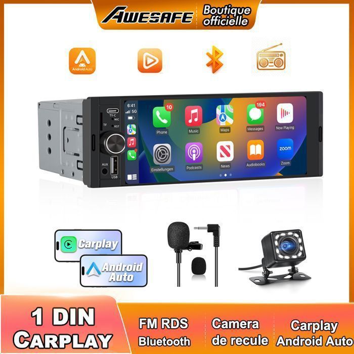 AWESAFE 1 DIN Car Radio with CarPlay and Android Auto, 6.36