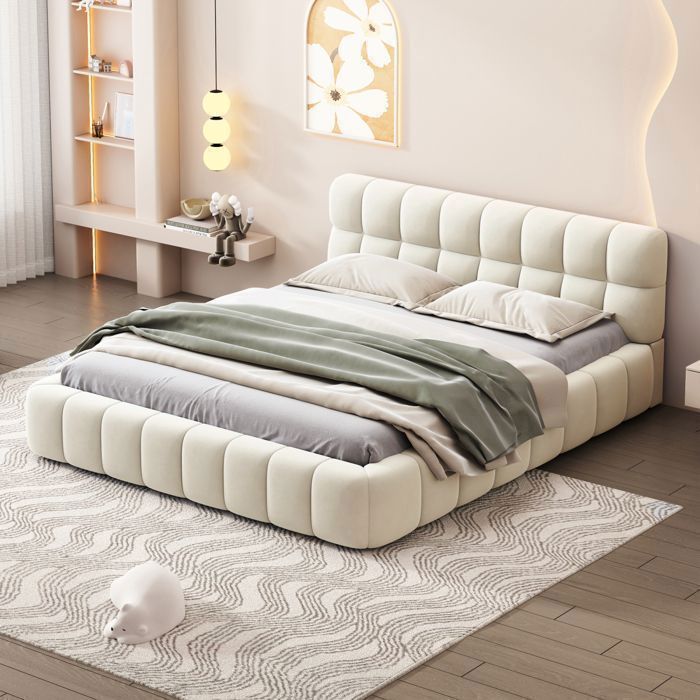 Cama tapizada de 140 x 190 cm, estructura de cama para 2 personas, cama de adulto, cama a ras de suelo, base de láminas, lino, beige