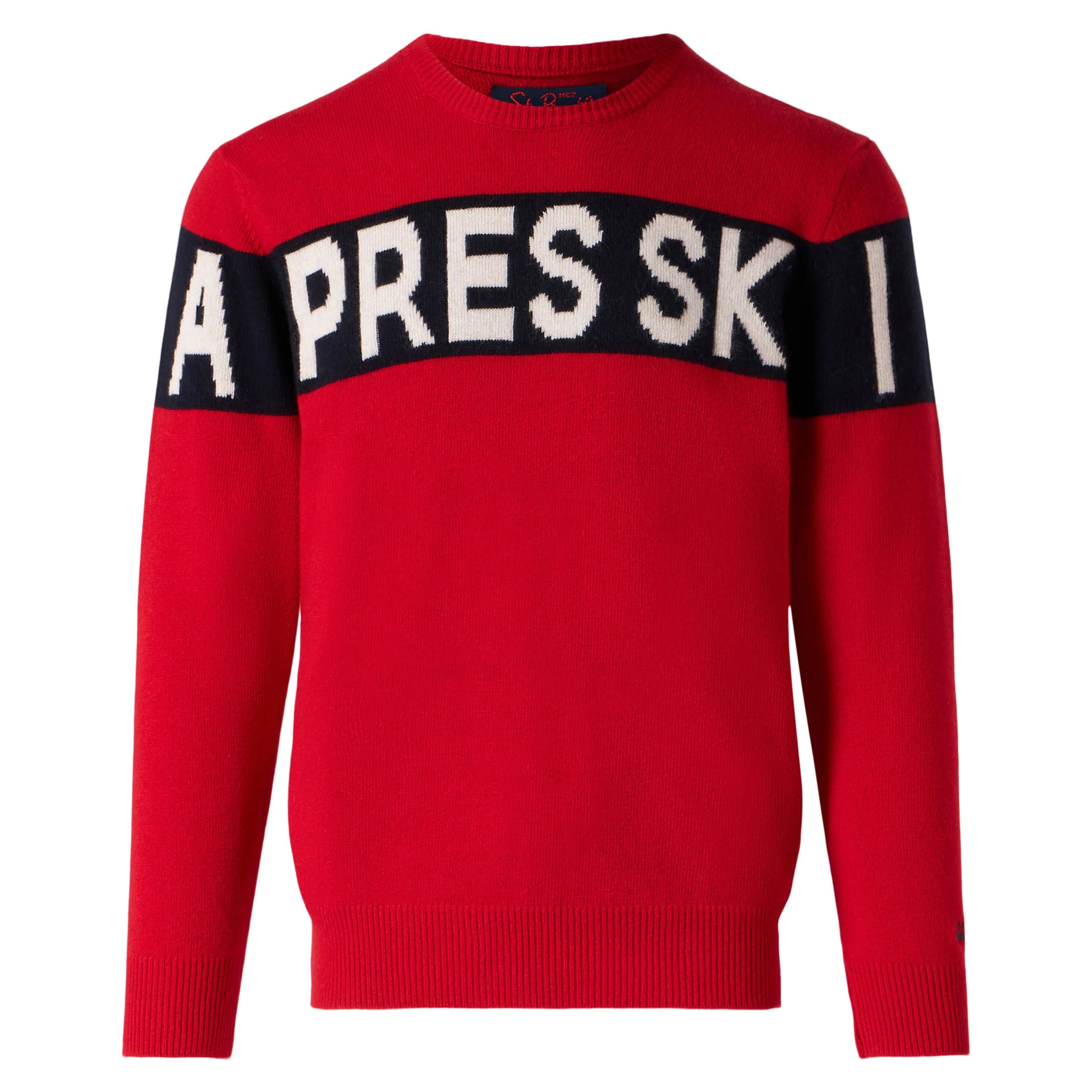 Herentrui van rode kasjmierblend met après-ski slogan.
