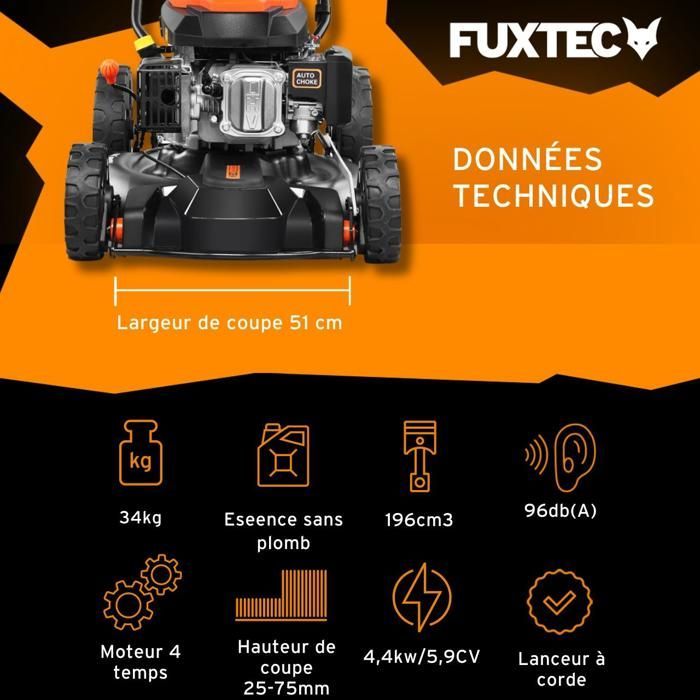 De Fuxtec zelfrijdende benzine-mulchmaaier met een cilinderinhoud van 196 cc en een maaibreedte van 51 cm geeft uw gazon een nieuw leven.