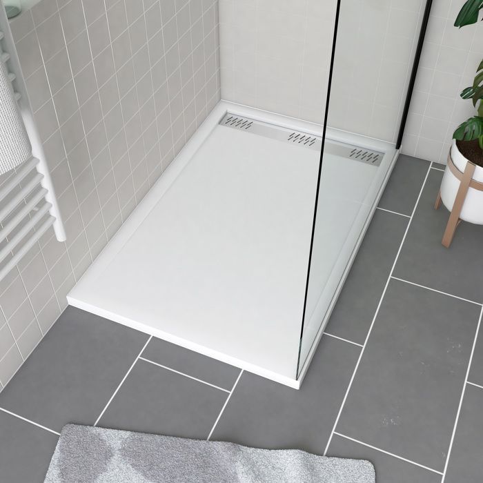 Plato de ducha de acrílico blanco de 80x120x4 cm - Rejilla lineal cromada - BLANQUEAMIENTO II