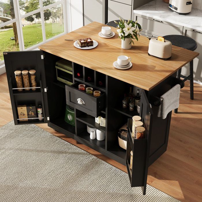Carrinho de cozinha preto - Bandeja extensível de 40 a 70 x 120 cm, rodas giratórias 360° e suporte para toalhas | Com adega e espaço para armazenamento