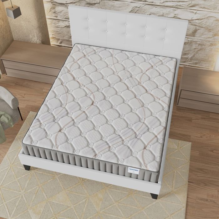 Set letto e materasso (140x200 cm) - Sirius 16 cm Lattice naturale e schiuma ad alta densità + Base a doghe stabile e testiera imbottita bianca
