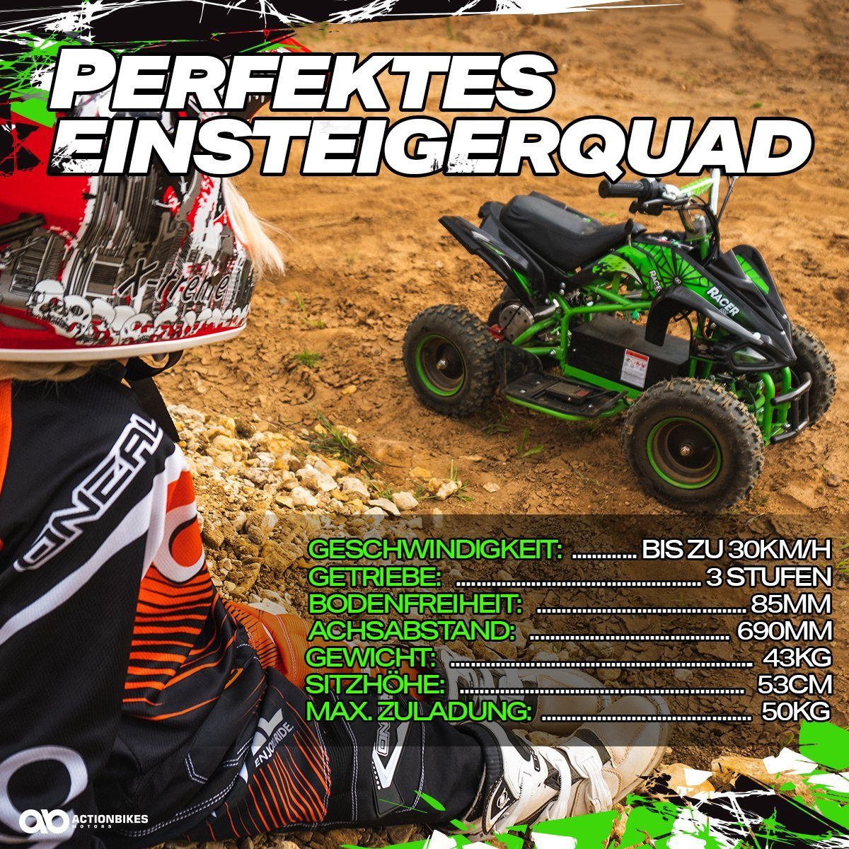 Actionbikes Motors Elektromos Gyermek Quad Mini Gyermek Elektromos Quad Racer 1000 W 36 V, teherbírás 50 kg, (1 darab), akár 50 kg - tárcsafékek - Safety Touch System lábkapcsoló