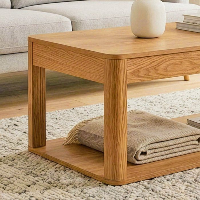 CALICOSY - Mesa de centro con 2 estantes rectangulares efecto madera, 90 cm de ancho - CELIA - Madera clara