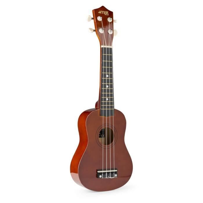 Max UKEY - Pacote com Ukulele e Acessórios - Marrom, cordas de nylon, afinador digital, 2 palhetas e capa para transporte.