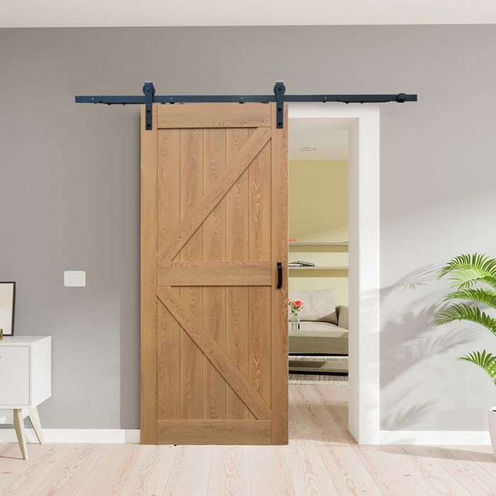 Porta scorrevole in legno Schulte, 90x215 cm, porta interna piena, porta da fienile in rovere, rovere, sistema di apertura nero