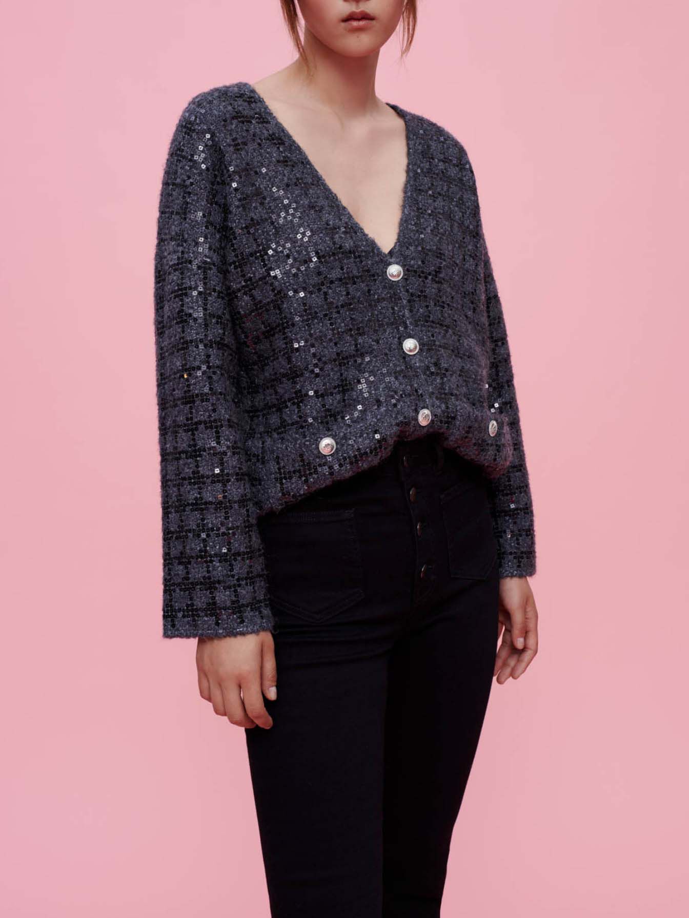 Gebreid vest met pailletten en tweed-effect - Grijs