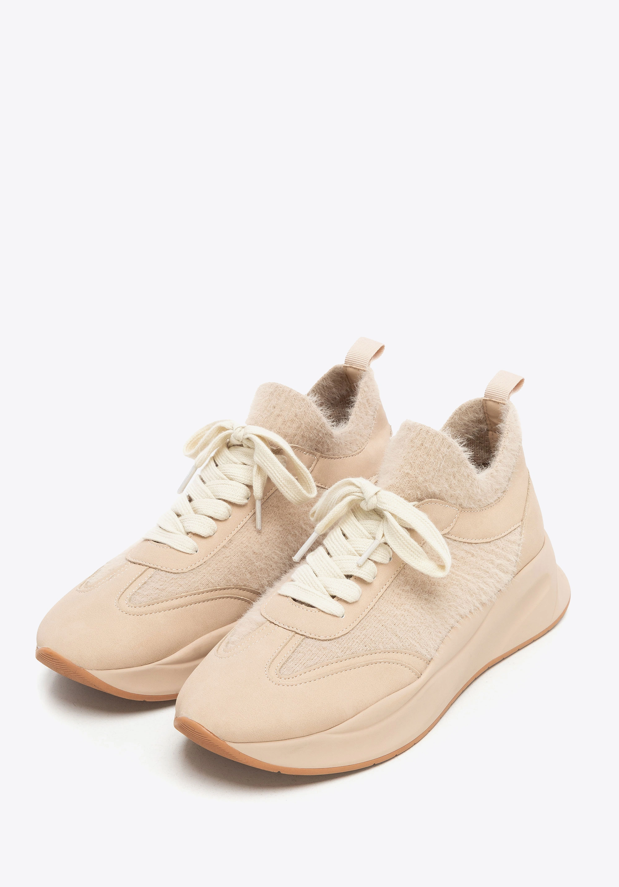 Damskie sneakersy z ekoskóry i sztucznego futerka beżowe