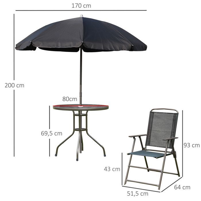Ensemble salon de jardin - Outsunny - 6 pcs table ronde 4 chaises pliables parasol - acier - noir