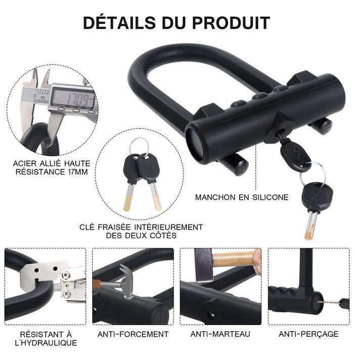 U-Lock for Bicycles and Electric Scooters, Alloy Steel Bike Lock, Motorcycle Lock with 125cm Flexible Steel Cable, Black