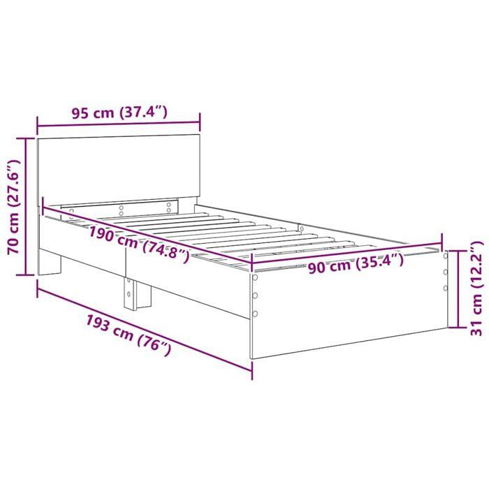 Cadre de lit en bois d'ingénierie - vidaXL - Chêne artisanal - 90x190 cm - Éclairage LED multicolore - USB