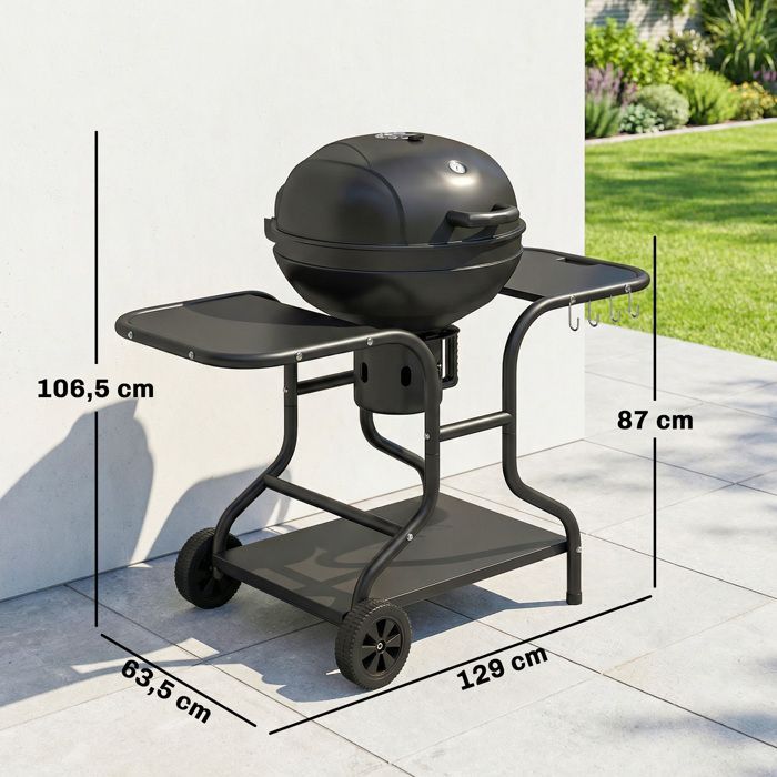 Barbecue rotondo a carbone - Outsunny - con coperchio, termometro, ripiani laterali, ripiano inferiore - 129 x 63,5 x 106,5 cm, nero