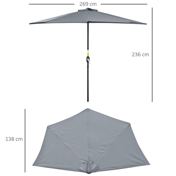 Ombrellone a mezzo collo - Outsunny - apertura e chiusura a manovella - Metallo, poliestere 180 g/m² - 269x138x236cm - grigio