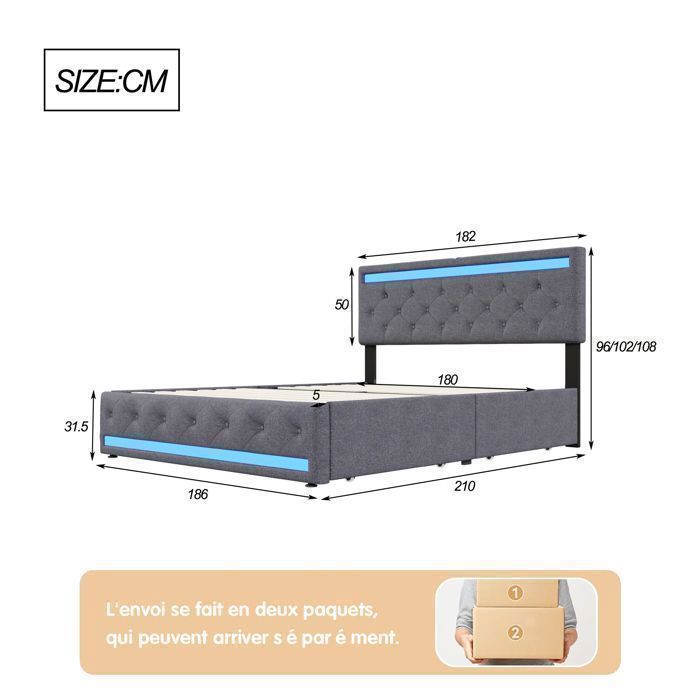 Estrutura de cama - RWUDV - 180x200 cm - 4 gavetas - USB - LED - Tecido de linho - Cinza