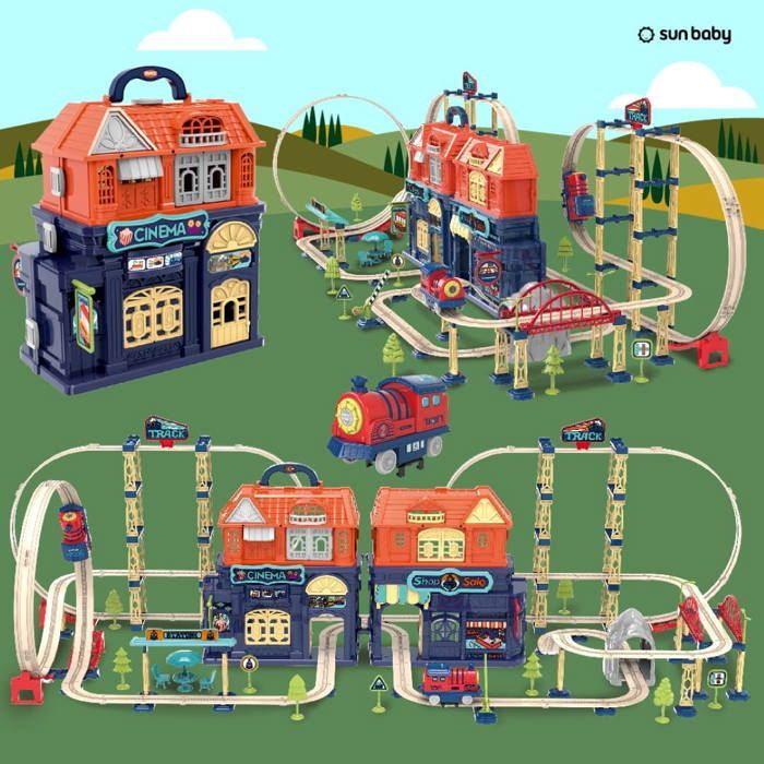 Conjunto de trem elétrico Sun Baby para crianças a partir de 3 anos - Loop, Viaduto, Ponte, Barreira, Estação, Cinema, Lojas