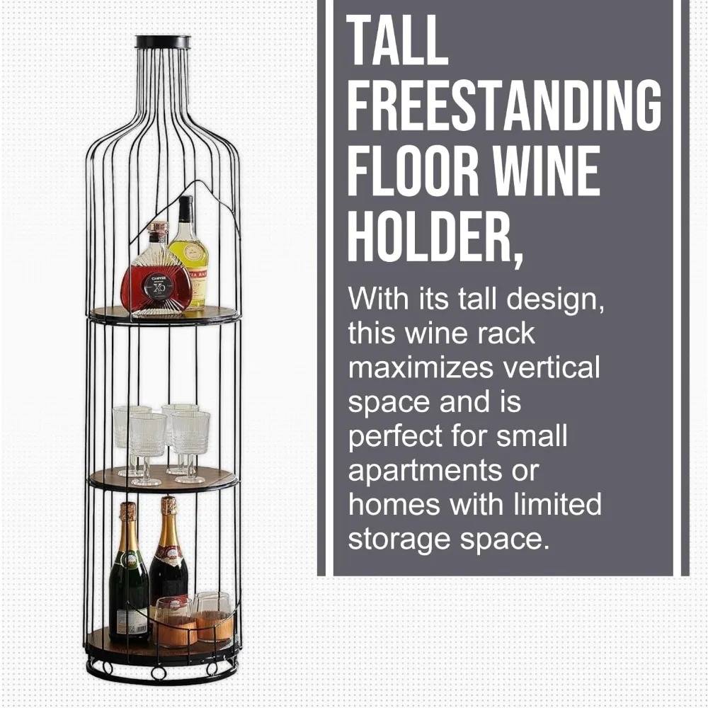 Supporto alto a forma di bottiglia di vino con ripiano, portabottiglie da pavimento autoportante, organizer per scaffali da bar per liquori.
