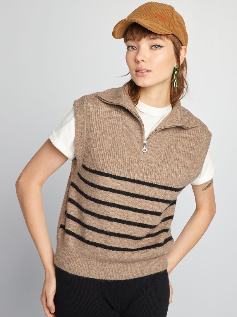 Gestreepte trui met rits - BEIGE