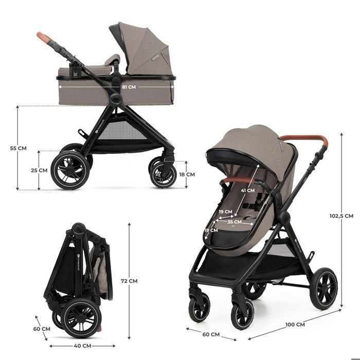 Sistema di viaggio Kinderkraft ESME PRO 3 in 1, seggiolino auto MINK PRO 2 i-Size incluso, ruote in TPE antiforatura, chiusura compatta, beige