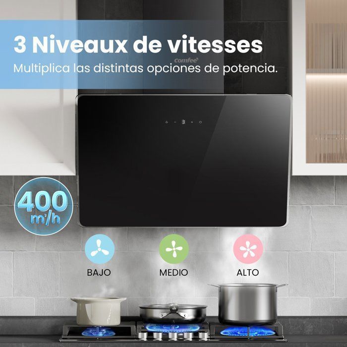 Exaustor de Cozinha Angular Comfee 60cm - 400m³/h - Controles por Toque - 3 Velocidades - 2 Filtros de Carvão - Vidro Preto